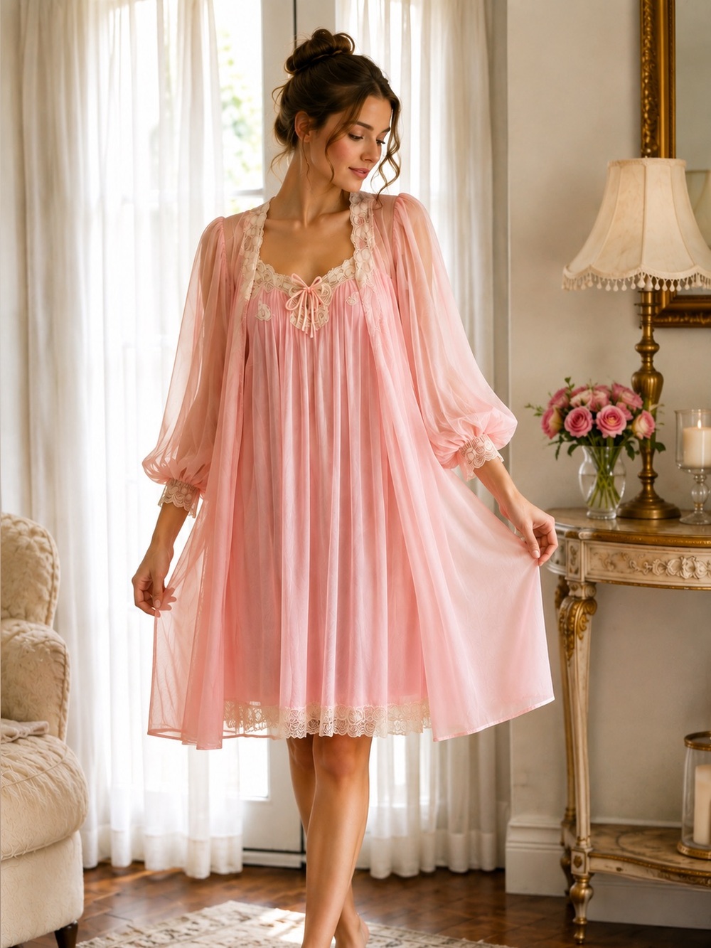 Vintage Pink Peignoir Set Sheer Puff Sleeve Romantic Coquette Gossard Artemis M